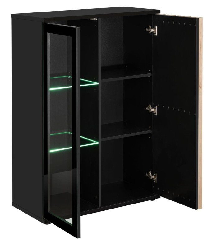 Witryna niska Cameron 80 cm z LED do salonu czarny/hickory jackson