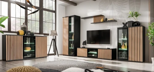 Szafka RTV Cameron 163 cm z LED do salonu czarny/hickory jackson