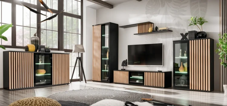 Szafka RTV Cameron 163 cm z LED do salonu czarny/hickory jackson