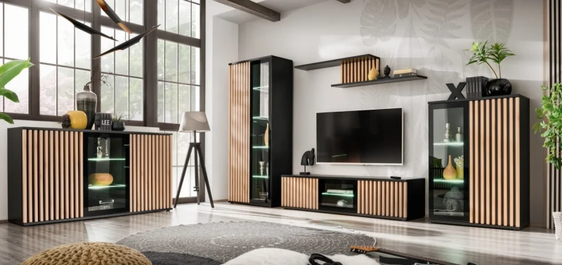 Szafka RTV Cameron 163 cm z LED do salonu czarny/hickory jackson