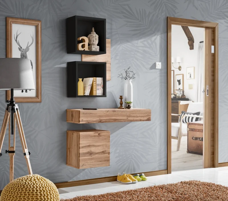 Panel ścienny Easy IV 60 cm z dwiema półkami do przedpokoju dąb wotan/czarny