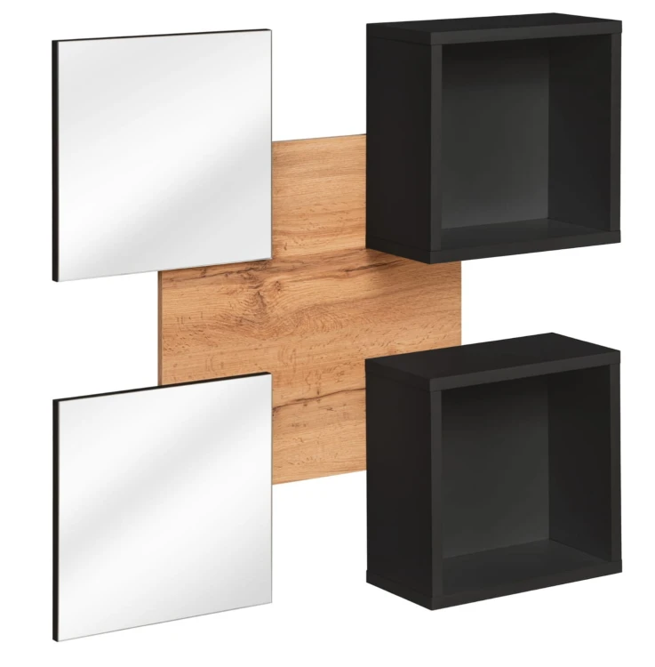 Panel ścienny Easy VII 100 cm z 2 półkami i 2 lustrami do przedpokoju dąb wotan/czarny