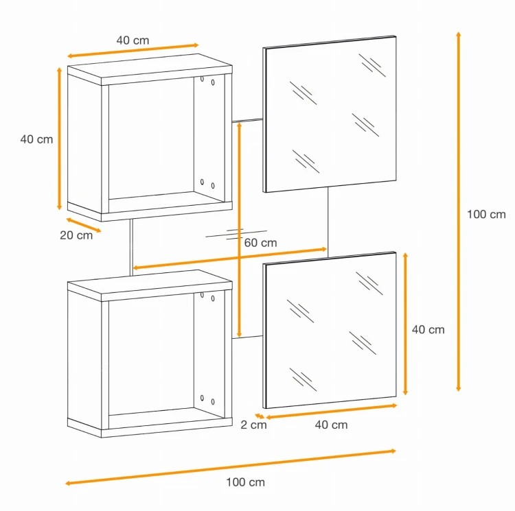 Panel ścienny Easy VII 100 cm z 2 półkami i 2 lustrami do przedpokoju dąb wotan/czarny