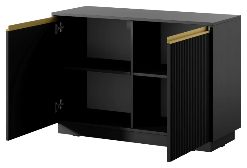 Komoda Royal 104 cm dwudrzwiowa 4 półki do salonu czarny/złote uchwyty