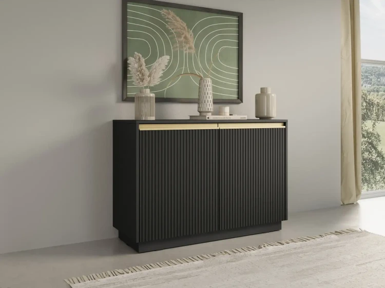 Komoda Royal 104 cm dwudrzwiowa 4 półki do salonu czarny/złote uchwyty
