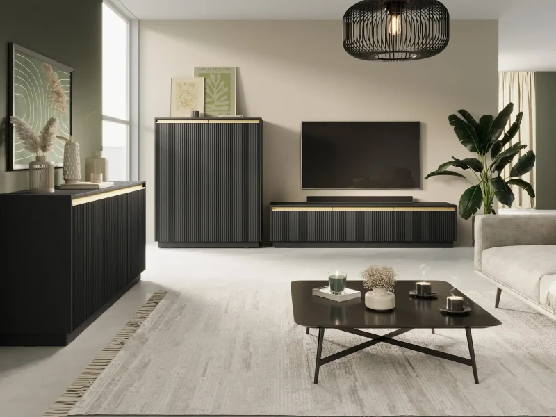 Komoda Royal 104 cm dwudrzwiowa 4 półki do salonu czarny/złote uchwyty