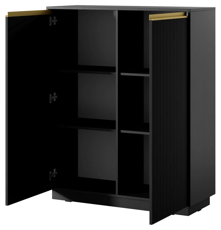 Komoda wysoka Royal 104 cm dwudrzwiowa 6 półek do salonu czarny/złote uchwyty