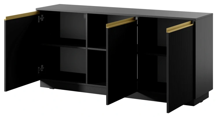 Komoda Royal 154 cm trzydrzwiowa 6 półek do salonu czarny/złote uchwyty