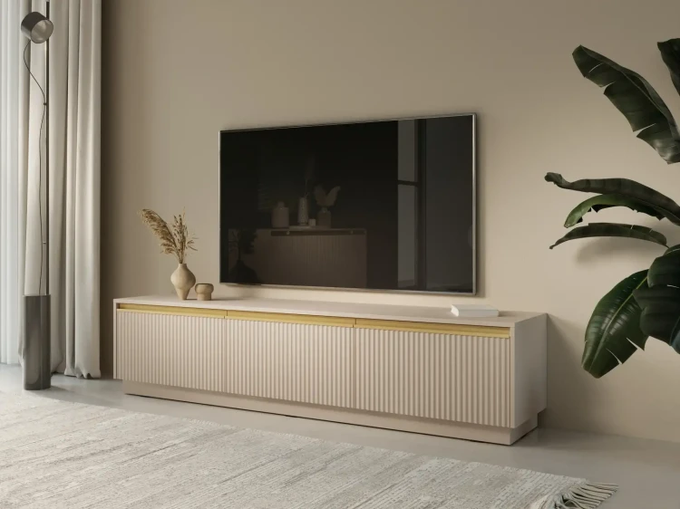 Szafka RTV Royal 180 cm frezowane fronty do salonu beż piaskowy/złoty