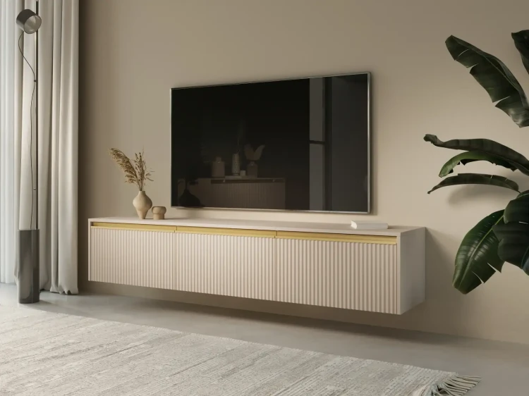 Szafka RTV Royal 180 cm frezowane fronty do salonu beż piaskowy/złoty