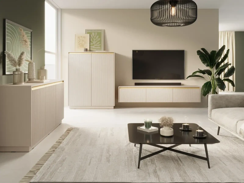 Szafka RTV Royal 180 cm frezowane fronty do salonu beż piaskowy/złoty