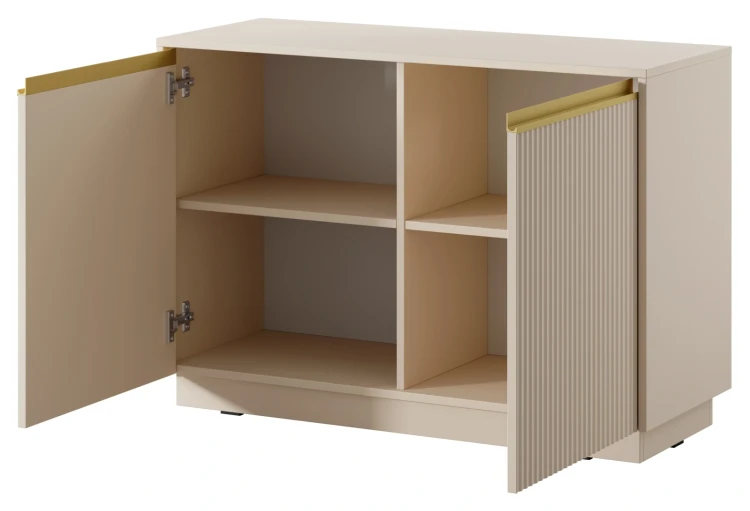 Komoda Royal 104 cm dwudrzwiowa 4 półki do salonu beż piaskowy/złoty
