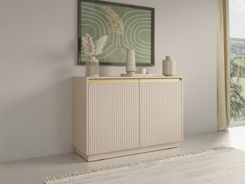 Komoda Royal 104 cm dwudrzwiowa 4 półki do salonu beż piaskowy/złoty