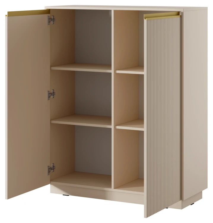 Komoda wysoka Royal 104 cm dwudrzwiowa 6 półek do salonu beż piaskowy/złoty