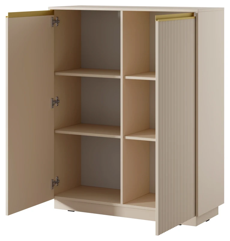 Komoda wysoka Royal 104 cm dwudrzwiowa 6 półek do salonu beż piaskowy/złoty