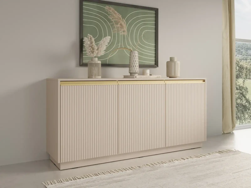 Komoda Royal 154 cm trzydrzwiowa 6 półek do salonu beż piaskowy/złoty