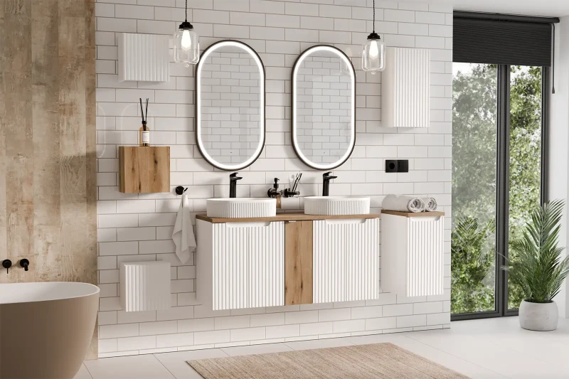 Zestaw mebli łazienkowych NOVA WHITE z dwoma umywalkami BEYOND i blatem dąb 120 cm - 7 elementów
