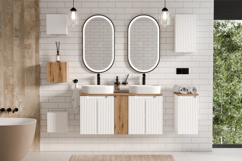 Zestaw mebli łazienkowych NOVA WHITE z dwoma umywalkami BEYOND i blatem dąb 120 cm - 7 elementów