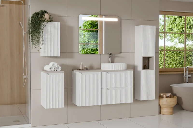 Zestaw mebli łazienkowych NOVA WHITE z dwoma umywalkami BEYOND i blatem dąb 120 cm - 7 elementów