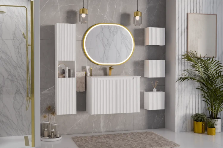 Zestaw mebli łazienkowych NOVA WHITE z dwoma umywalkami BEYOND i blatem dąb 140 cm - 8 elementów