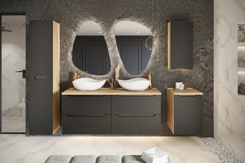 Szafka łazienkowa pod umywalkę 120 cm 2 szuflady OCEAN BLACK czarny + dąb olejowany