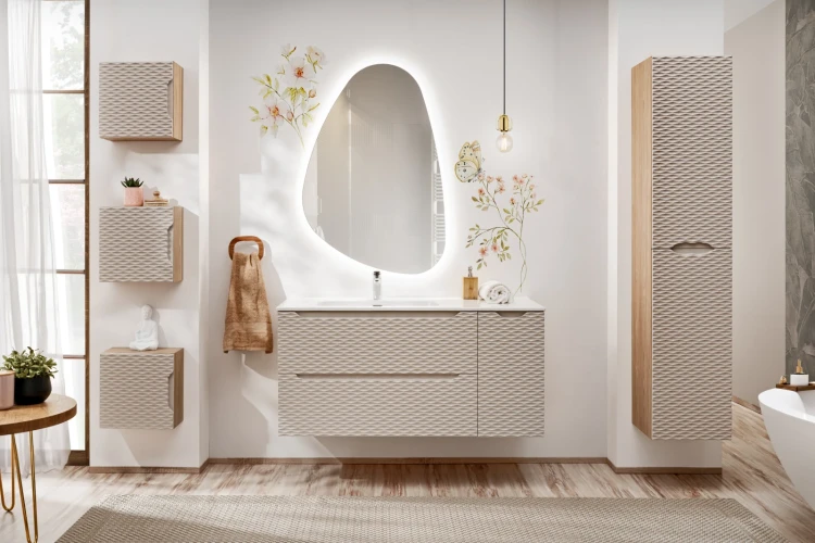 Szafka łazienkowa pod umywalkę 90 cm 2 szuflady OCEAN BEIGE beż + dąb olejowany