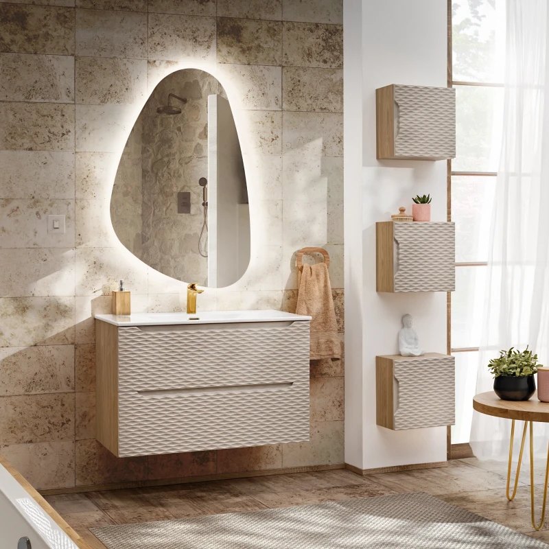 Szafka łazienkowa pod umywalkę 90 cm 2 szuflady OCEAN BEIGE beż + dąb olejowany