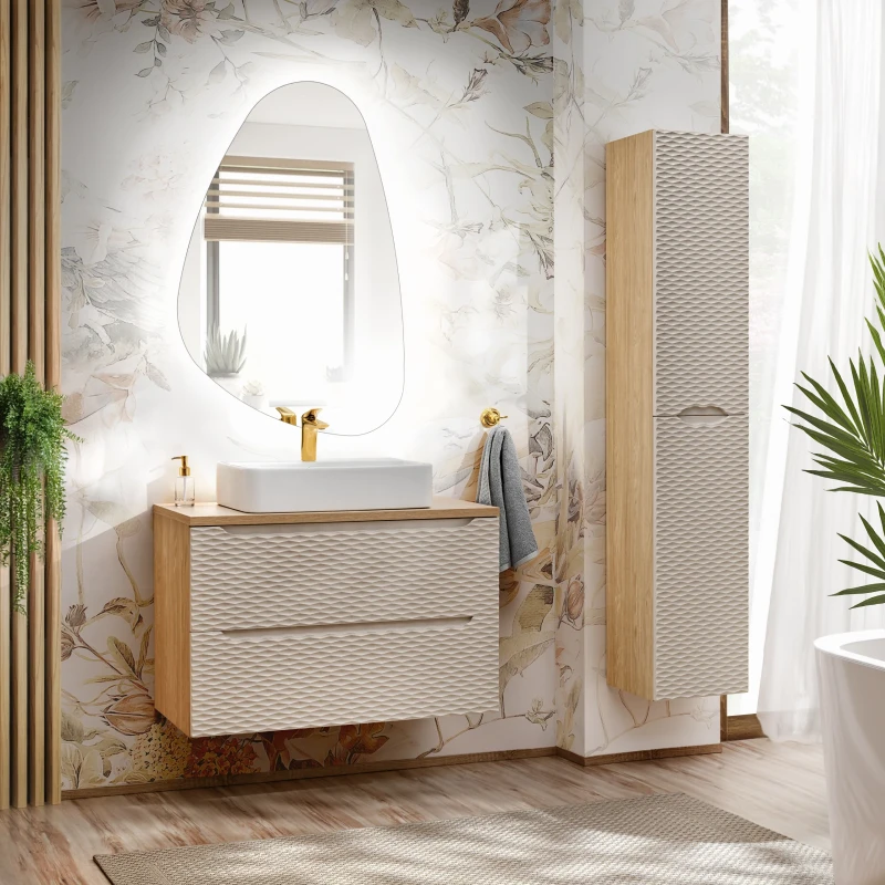 Szafka łazienkowa pod umywalkę 90 cm 2 szuflady OCEAN BEIGE beż + dąb olejowany