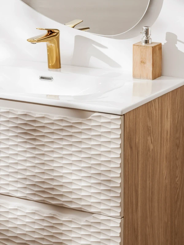 Szafka łazienkowa pod umywalkę 90 cm 2 szuflady OCEAN BEIGE beż + dąb olejowany