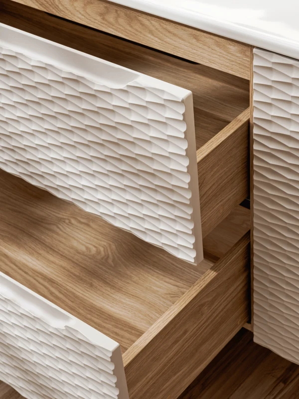 Szafka łazienkowa pod umywalkę 90 cm 2 szuflady OCEAN BEIGE beż + dąb olejowany