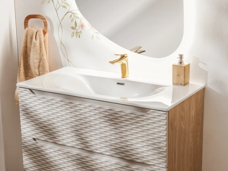 Szafka łazienkowa pod umywalkę 90 cm 2 szuflady OCEAN BEIGE beż + dąb olejowany