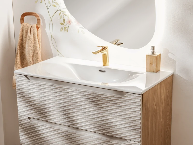 Szafka łazienkowa pod umywalkę 90 cm 2 szuflady OCEAN BEIGE beż + dąb olejowany