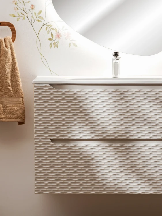 Szafka łazienkowa pod umywalkę 80 cm 2 szuflady OCEAN BEIGE beż + dąb olejowany