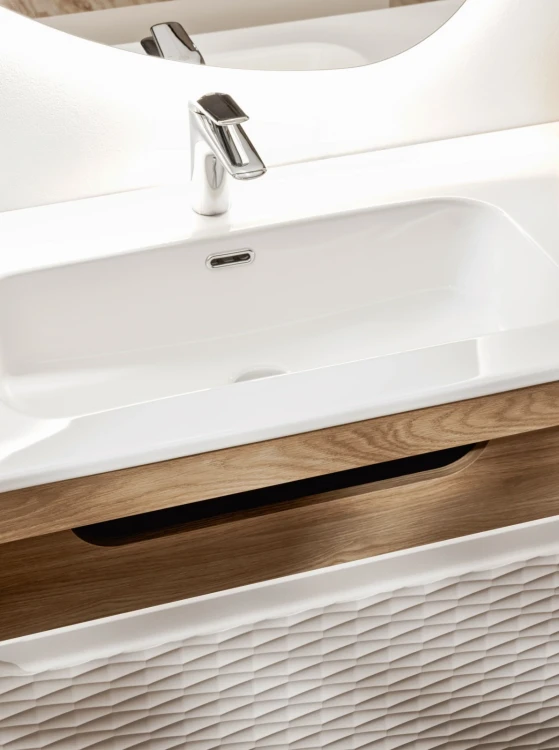 Szafka łazienkowa pod umywalkę 80 cm 2 szuflady OCEAN BEIGE beż + dąb olejowany