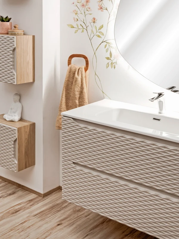Szafka łazienkowa pod umywalkę 70 cm 2 szuflady OCEAN BEIGE beż + dąb olejowany
