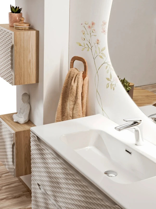 Szafka łazienkowa pod umywalkę 70 cm 2 szuflady OCEAN BEIGE beż + dąb olejowany