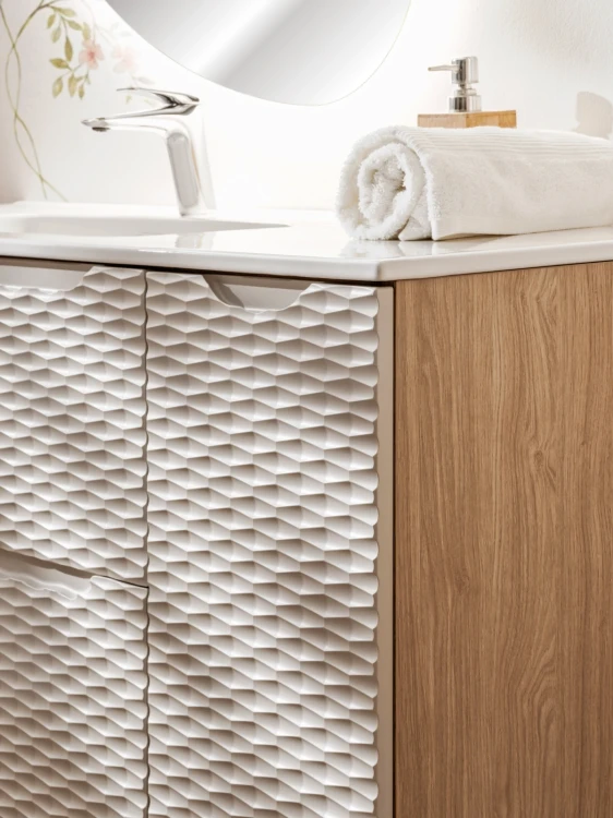 Szafka łazienkowa pod umywalkę 60 cm 2 szuflady OCEAN BEIGE beż + dąb olejowany