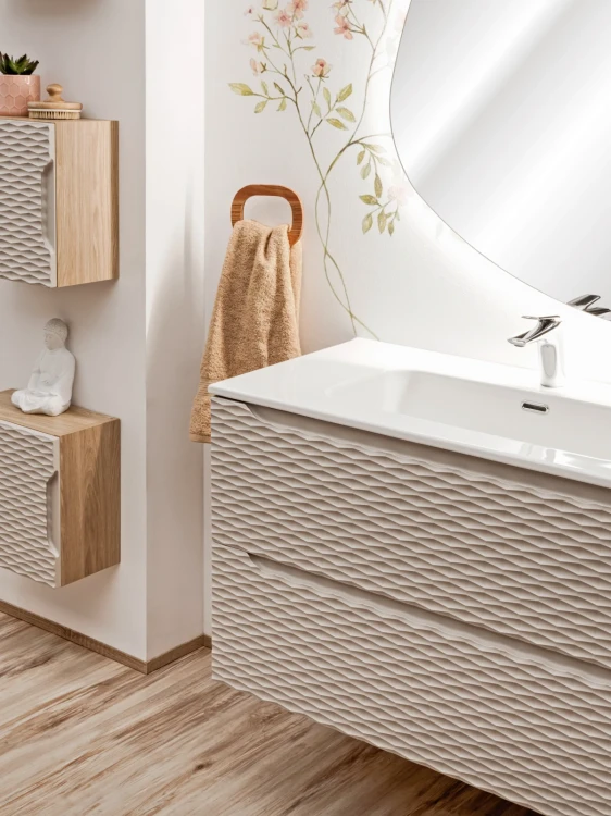 Szafka łazienkowa pod umywalkę 120 cm 2 szuflady OCEAN BEIGE beż + dąb olejowany