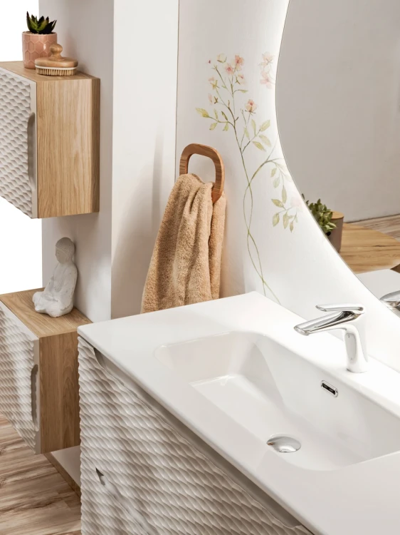 Szafka łazienkowa pod umywalkę 120 cm 2 szuflady OCEAN BEIGE beż + dąb olejowany