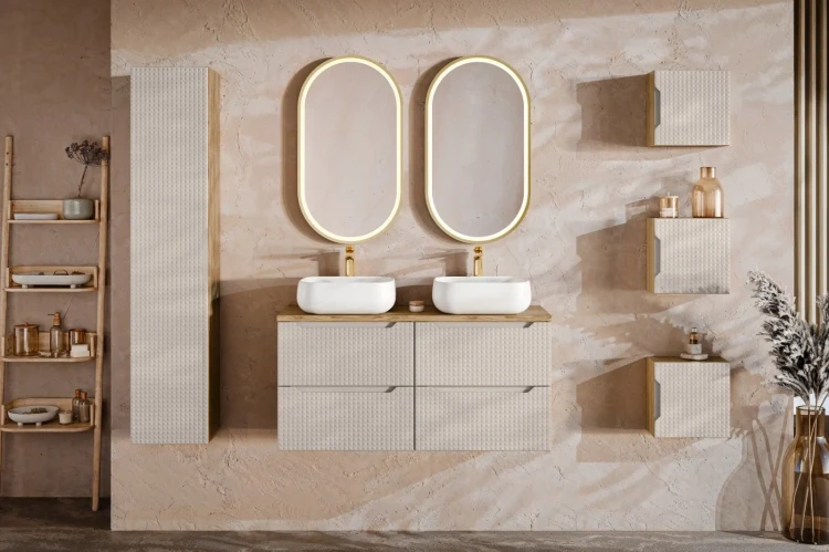Szafka łazienkowa pod umywalkę 80 cm 2 szuflady LUXOR BEIGE beż + dąb olejowany