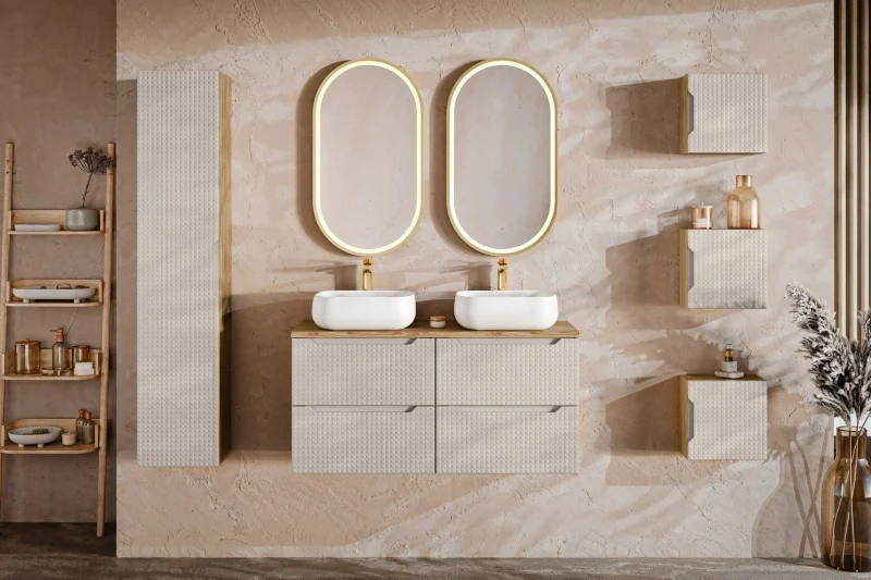 Szafka łazienkowa pod umywalkę 80 cm 2 szuflady LUXOR BEIGE beż + dąb olejowany