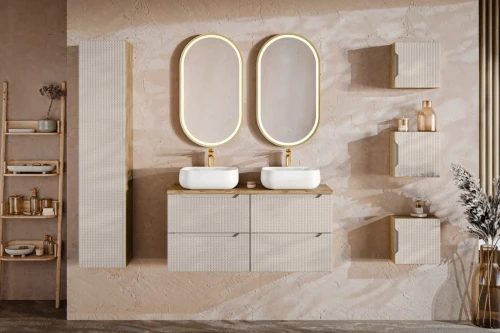 Szafka łazienkowa pod umywalkę 70 cm 2 szuflady LUXOR BEIGE beż + dąb olejowany