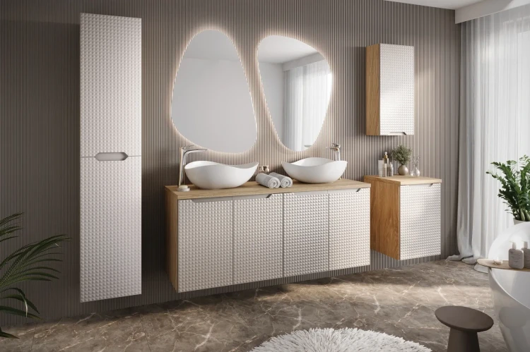 Szafka łazienkowa pod umywalkę 120 cm 3 drzwi LUXOR BEIGE beż + dąb olejowany