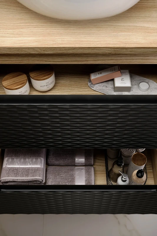 Szafka łazienkowa pod umywalkę 90 cm 2 szuflady LUXOR BLACK czarny + dąb olejowany