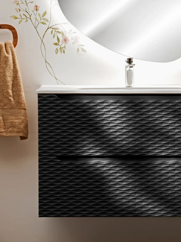 Szafka łazienkowa pod umywalkę 90 cm 2 szuflady LUXOR BLACK czarny + dąb olejowany