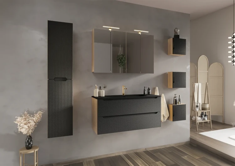 Szafka łazienkowa pod umywalkę 90 cm 2 szuflady LUXOR BLACK czarny + dąb olejowany