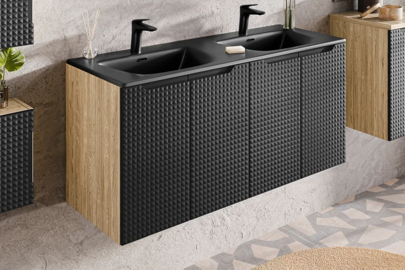 Szafka łazienkowa pod umywalkę 60 cm 2 drzwi LUXOR BLACK czarny + dąb olejowany