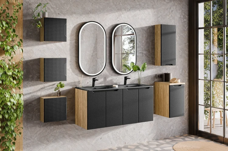 Szafka łazienkowa pod umywalkę 60 cm 2 drzwi LUXOR BLACK czarny + dąb olejowany