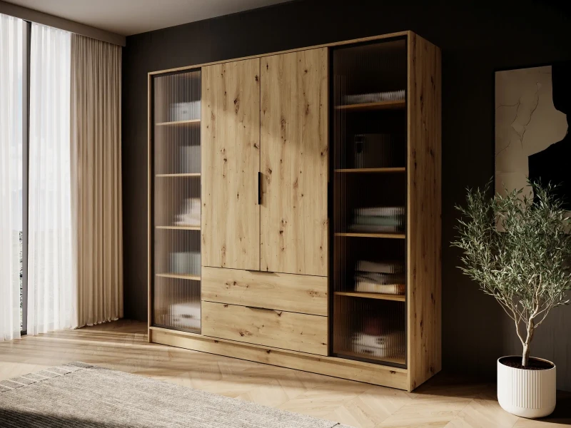 Szafa Kelly RD 206 cm przeszklona z oświetleniem LED do sypialni dąb artisan