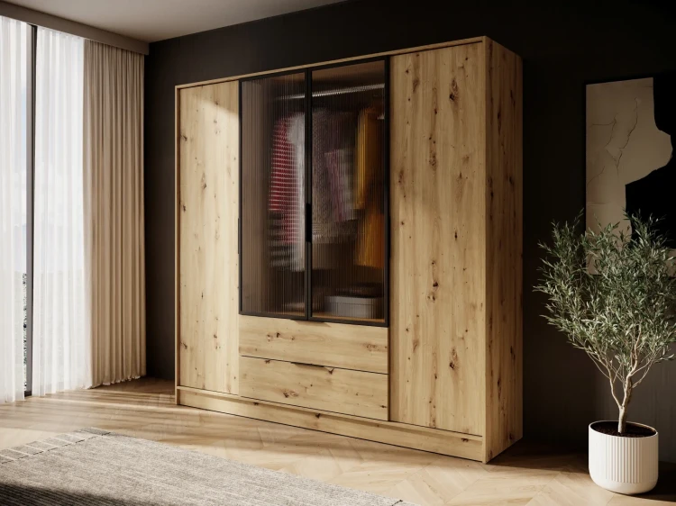 Szafa Kelly RM 206 cm przeszklona z oświetleniem LED do sypialni dąb artisan